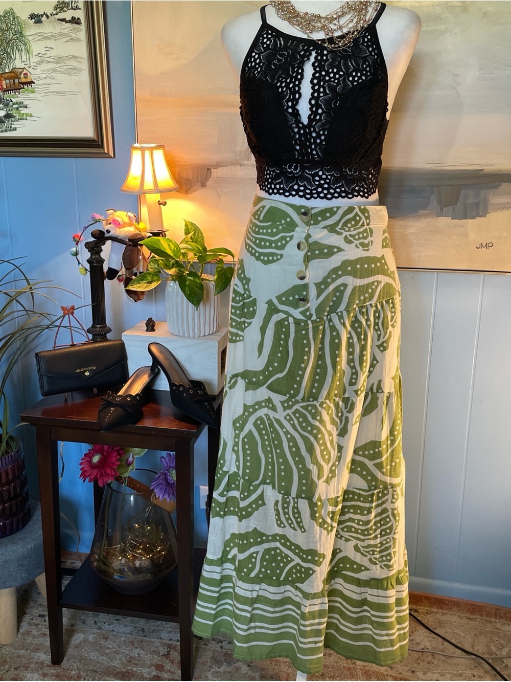 Bohemian Green Printed Maxi Skirt with Button-Front Waist